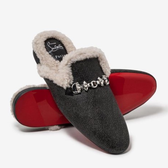 Christian Louboutin mens red bottom spike shearling leather loafer mules NWB - Picture 1 of 11